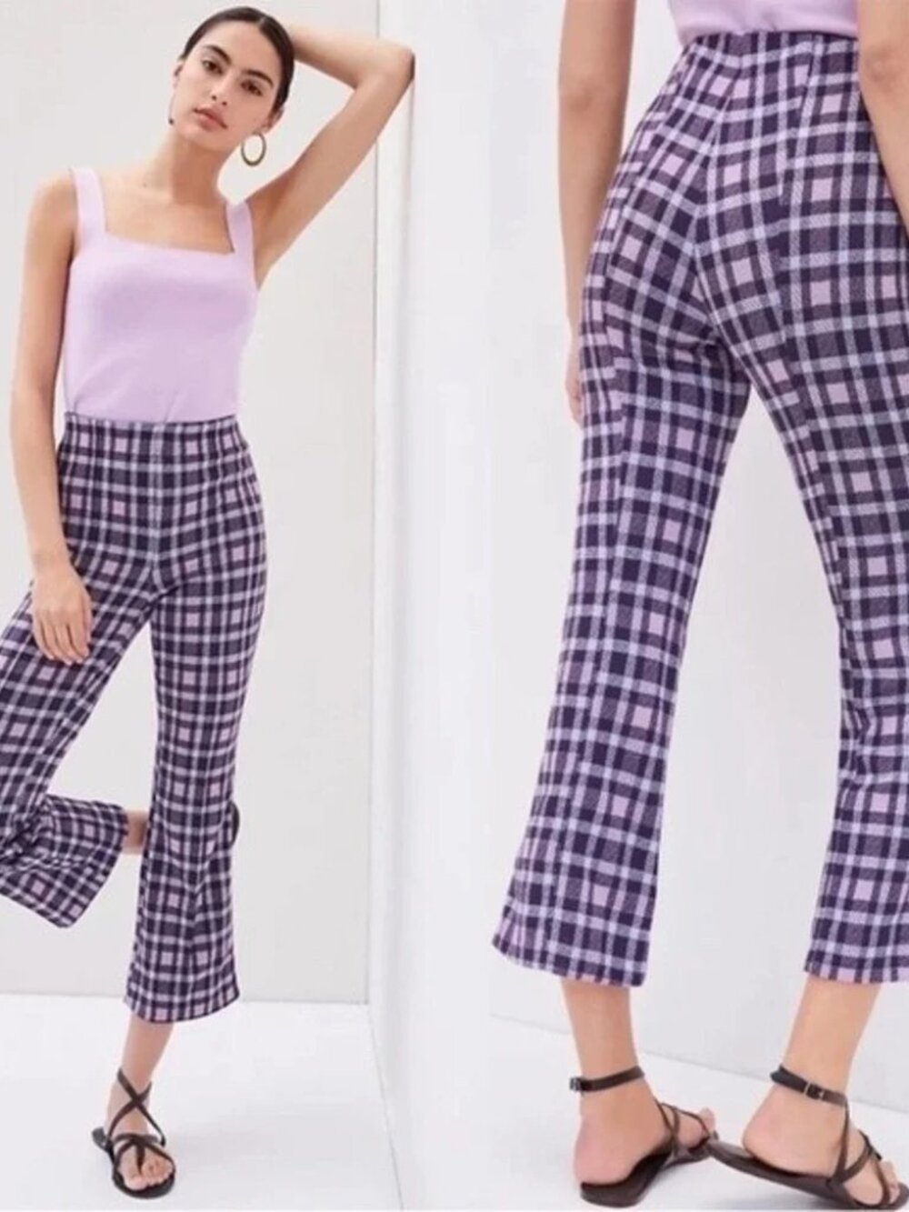 Maeve Anthropologie Pants Womens Medium Purple Blue Plaid Crop Flare Leg Pull On